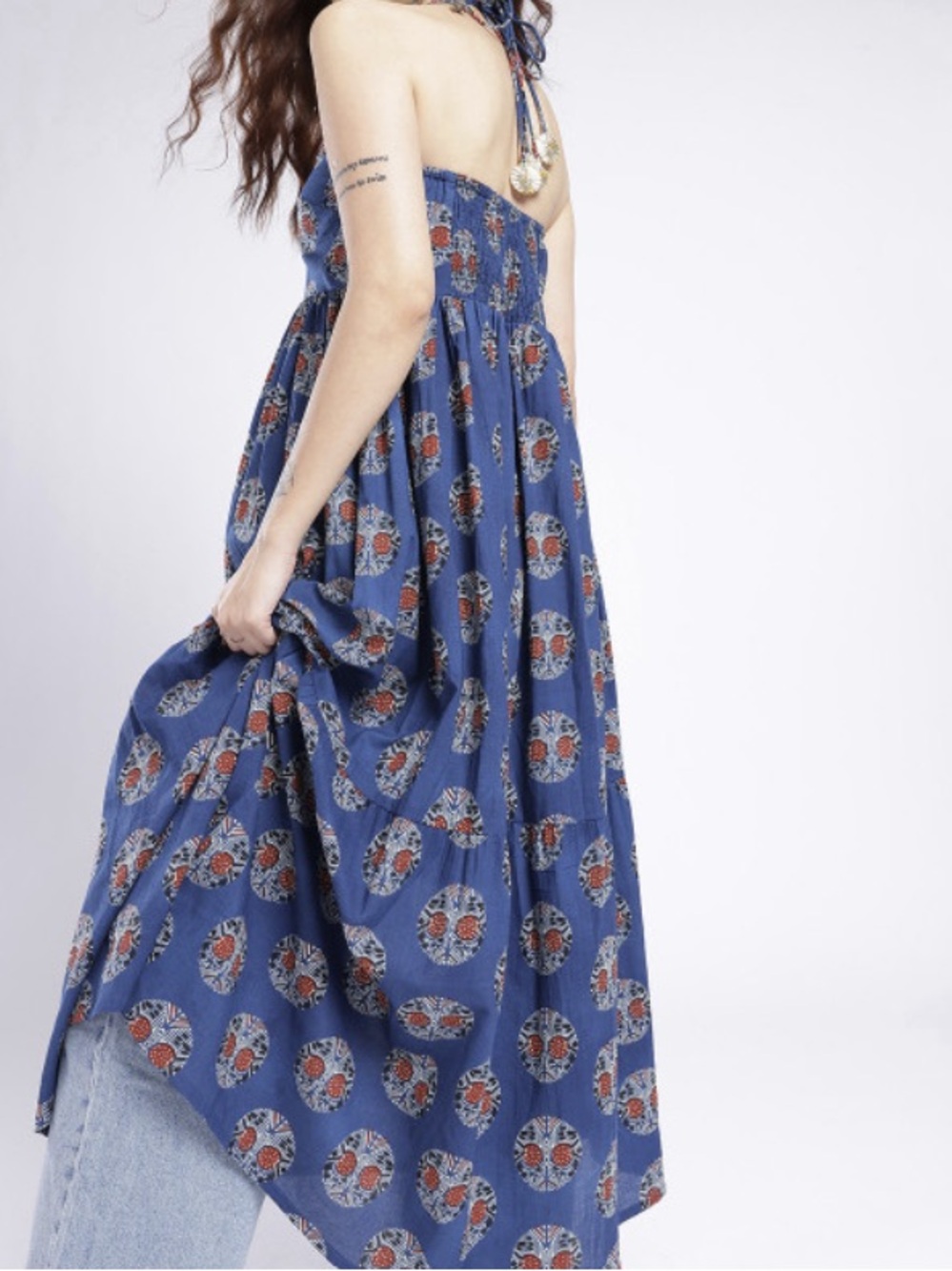Boho Blue Halter Smocked Maxi Dress L/XL